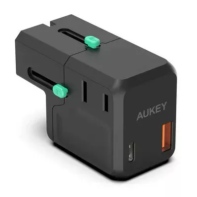 AUKEY PA-TA06 Uniwersalny podróżny adapter sieciowy 1xUSB-C PowerDelivery + 1xUSB-A Quick Charge | pasuje w ponad 150 krajach