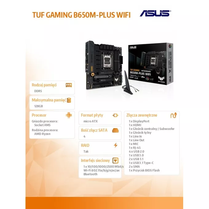 Asus Płyta główna TUF GAMING B650M-PLUS WIFI AM5 4DDR5 HDMI mATX