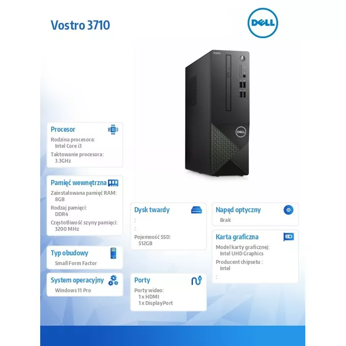 Dell Komputer Vostro 3710 SFF Win11Pro i3-12100/8GB/512GB SSD/Intel UHD 730/WLAN + BT/Kb/Mouse/3Y ProSpt