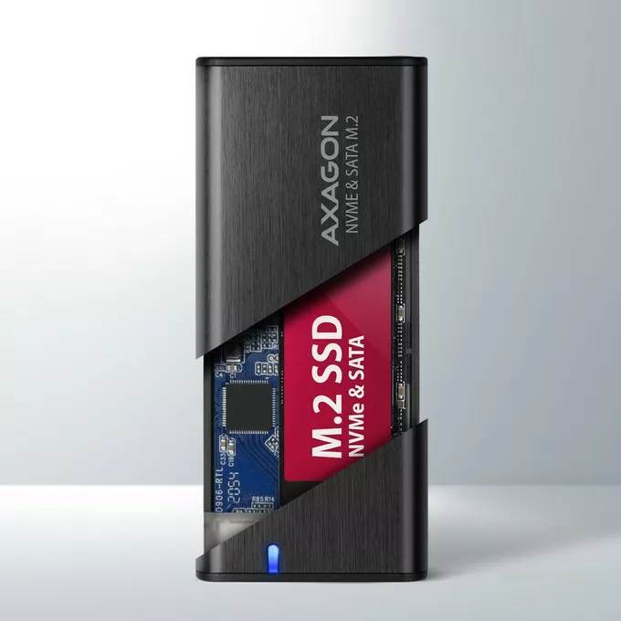 AXAGON EEM2-SB2 Obudowa zewnętrzna aluminiowa bezśrubowa USB-C 3.2 Gen 2 - M.2 NVMe / SATA SSD 30-80mm ALU pudełko czarne + USB-A - USB-C redukcja