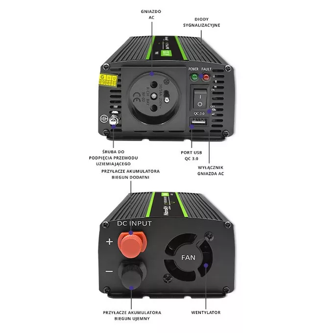 Qoltec Przetwornica napięcia Monolith | 600W | 1200W | 12V na 230V |    Czysty Sinus