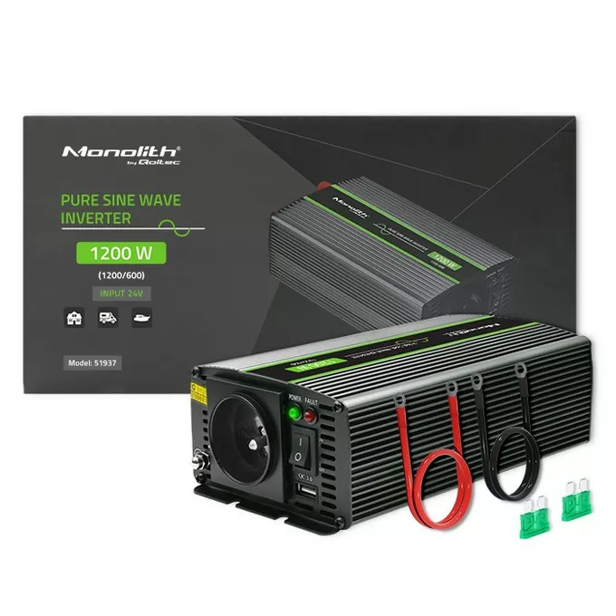 Qoltec Przetwornica napięcia Monolith | 600W | 1200W | 24V na 230V |    Czysty Sinus