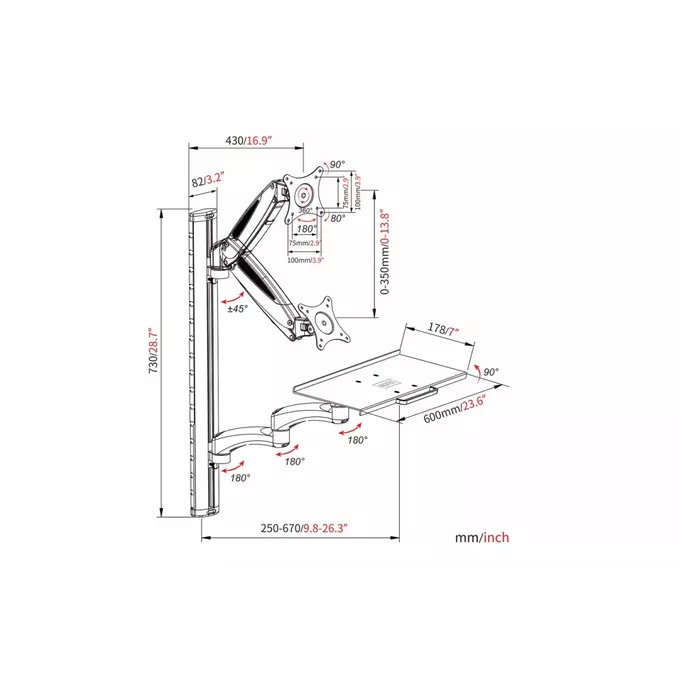 Digitus Ramię naścienne pojedyncze 1xLCD + klawiatura, max. 32&quot; i 8kg uchylno-obrotowe 360° (PIVOT)