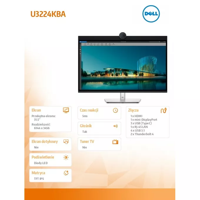 Dell Monitor U3224KBA 31,5&quot; IPS Black LED 6K 6144x3456/16:9/HDMI/miniDP/USB-C/USB/Thunderbolt/Kamera/Speakers/Mikrofon/3Y