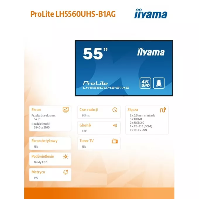 IIYAMA Monitor wielkoformatowy 55 cale LH5560UHS-B1AG matowy 24h/7 500(cd/m2) VA 3840 x 2160 UHD(4K) Android.11 Wifi CMS(iiSignage2)