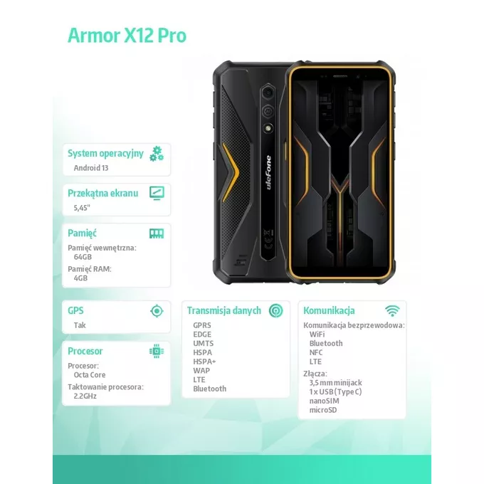 ULEFONE Smartfon Armor X12 PRO 5,45&quot; 4/64GB IP68/IP69K 4860 mAh pomarańczowy