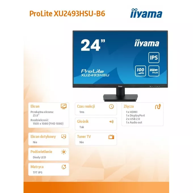 IIYAMA Monitor 23.8 cala  ProLite XU2493HSU-B6 IPS.HDMI.DP.2x2W.USBx2.FHD.SLIM.100Hz