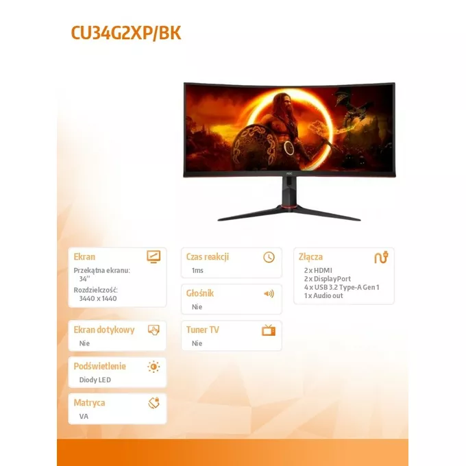 AOC Monitor zakrzywiony CU34G2XP 34 cale VA 180Hz HDMIx2 DPx2