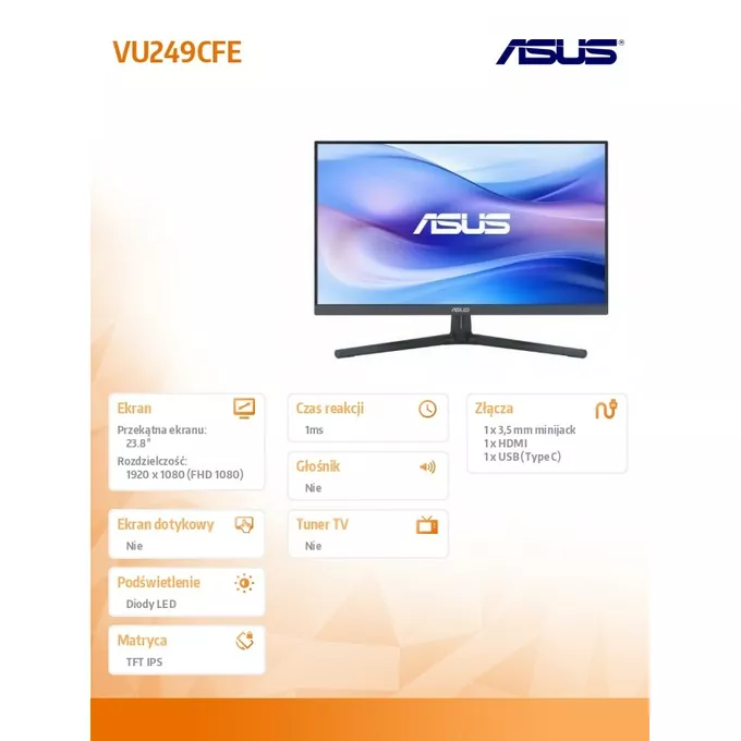 Asus Monitor 24 cale VU249CFE-B IPS 100Hz USB-C