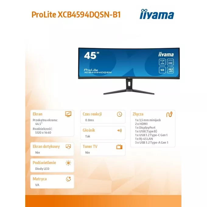 IIYAMA Monitor 44.5 cala XCB4594DQSN-B1 VA,DQHD,165HZ,USB-C-DOCK,RJ45,32:9,1500R,450cd/m2,3000:1,0.8ms,3xUSB,2xHDMI,1xDP,2x3W,PowerDelivery-90W