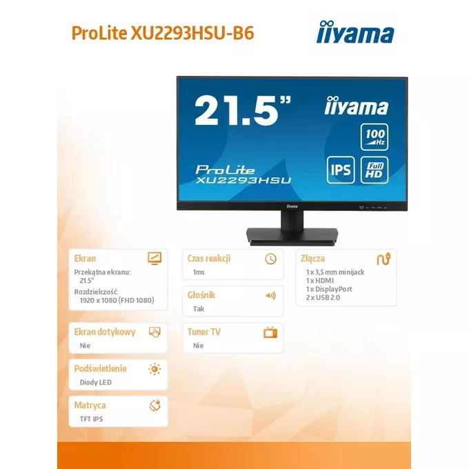 IIYAMA Monitor ProLite XU2293HSU-B6 21.5 cala  IPS,100Hz,FHD,1ms,HDMI,DP,2xUSB,2x2W, FreeSync