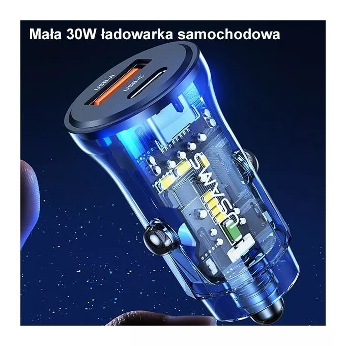 USAMS Ładowarka samochodowa 30W 1xUSB+1xUSB-C fast charge Niebieska