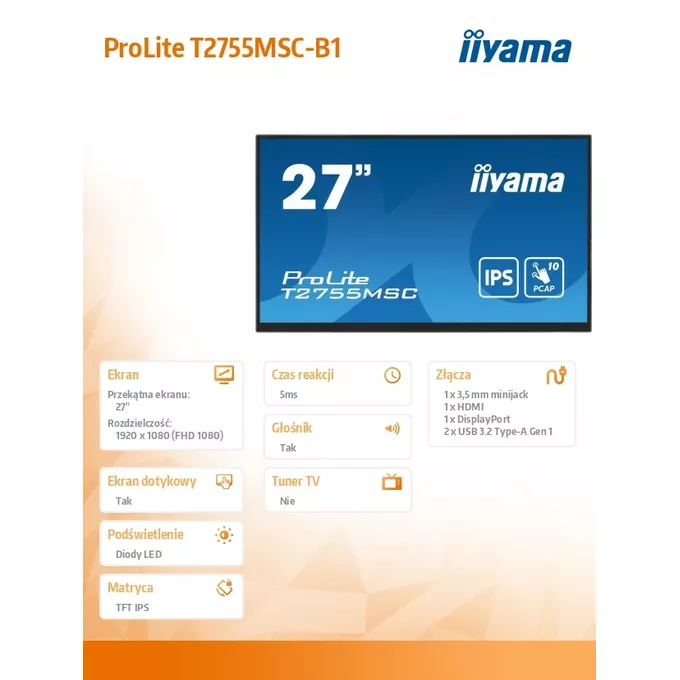 IIYAMA Monitor 27 cali T2755MSC-B1 DOTYK,USB,HDMI,IPS