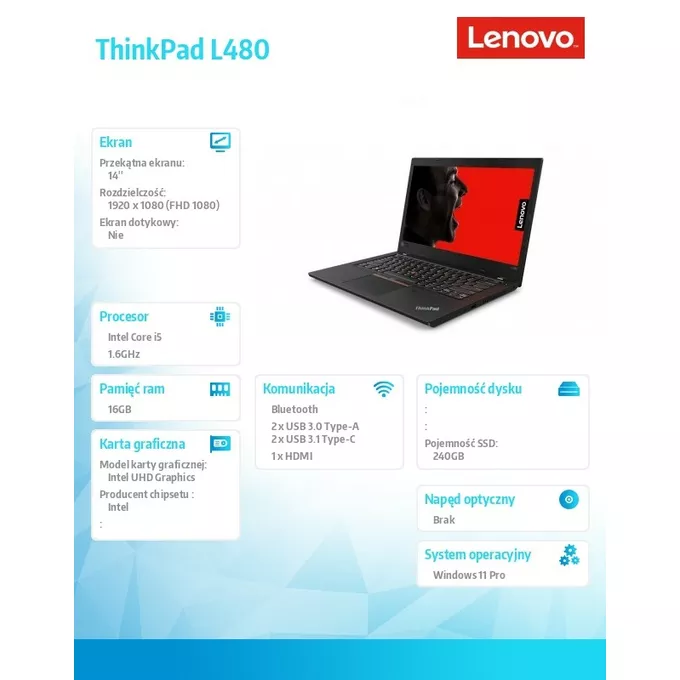 Lenovo Notebook poleasingowy ThinkPad L480 Core i5 8250U (8-gen.)1,6 GHz / 16 GB / 240 SSD / 14 FullHD / Win 11 Pro