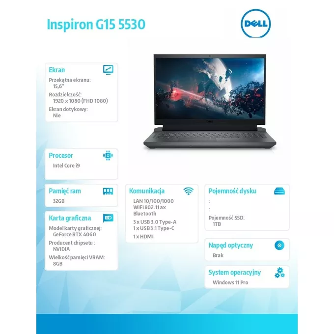 Dell Notebook Inspiron G15 5530/Core i9-13900HX/32GB/1TB SSD/15.6 FHD 165Hz/GeForce RTX 4060/Cam &amp; Mic/WLAN + BT/Backlit Kb/6 Cell/W11Pro/2Y Basic Onsite