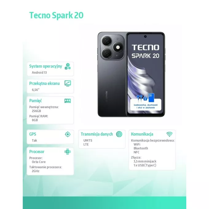 TECNO Smartfon SPARK 20 KJ5n 256+8 Czarny