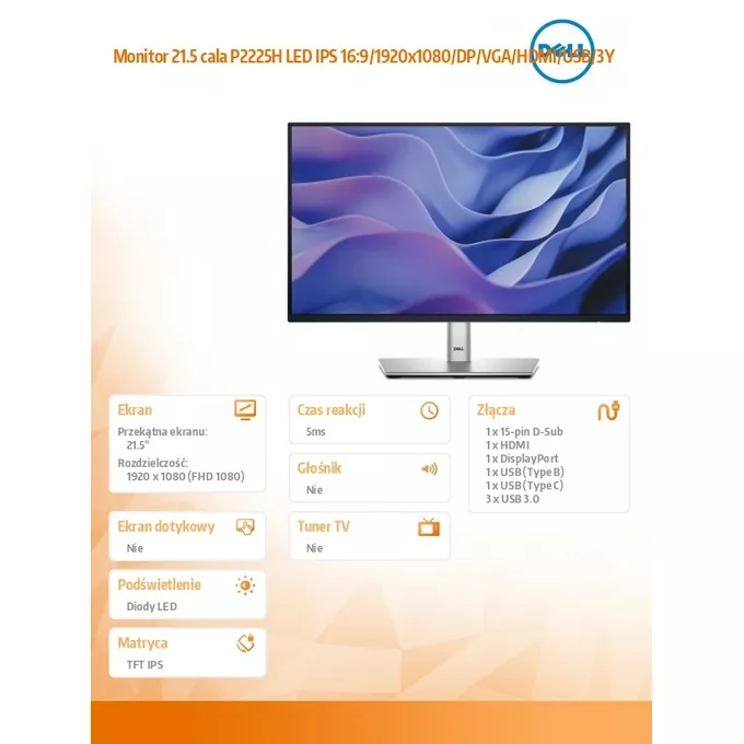 Dell Monitor 21.5 cala P2225H LED IPS 16:9/1920x1080/DP/VGA/HDMI/USB/3Y