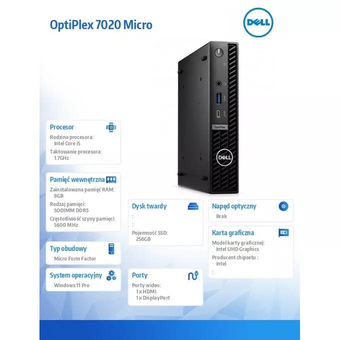 Dell Komputer Optiplex MFF/Core i5-14500T/8GB/256GB SSD/Integrated/WLAN + BT/Kb/Mouse/W11Pro