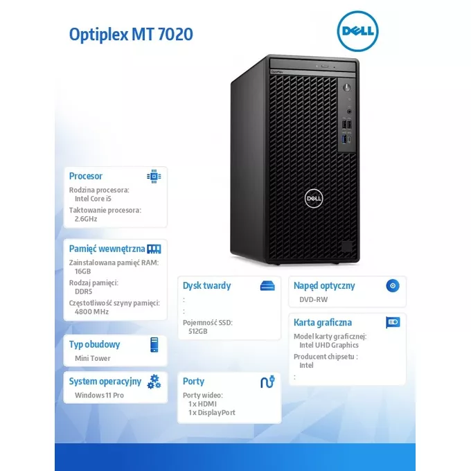 Dell Komputer Optiplex MT/Core i5-14500/16GB/512GB SSD/Integrated/DVD RW/No Wifi/Kb/Mouse/W11Pro