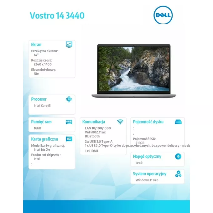 Dell Notebook Vostro 14 (3440) Win11Pro i5-1334U/16GB/512GB SSD/14 2.2K/Intel Iris Xe/FgrPr/Cam &amp; Mic/WLAN + BT/Backlit Kb/3 Cell/3YPS