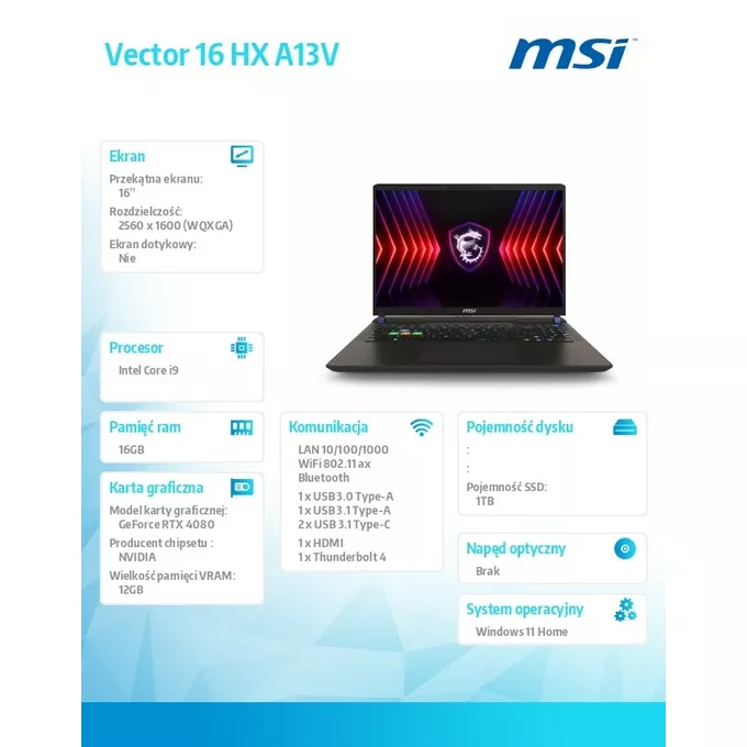 MSI Notebook Vector 16 HX A13VHG-492PL W11H/i9-13980HX/16GB/1TB/RTX4080/16.0