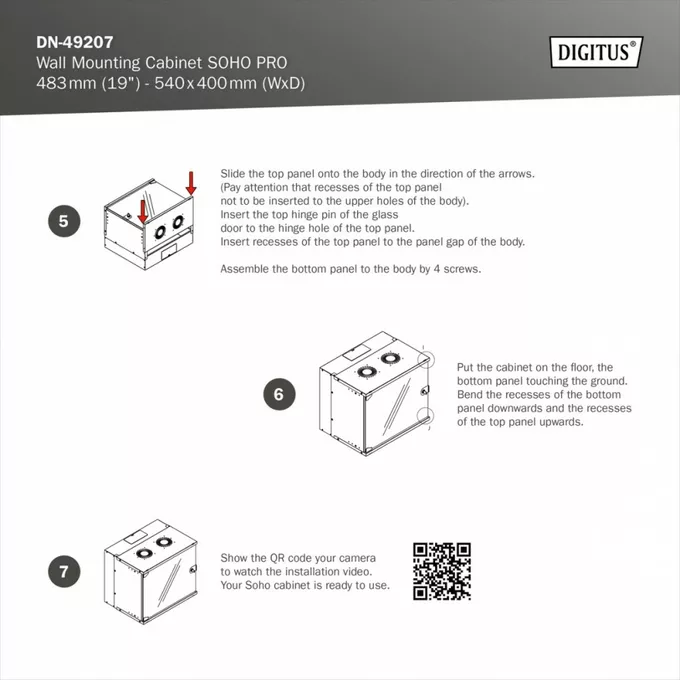 Digitus Szafa sieciowa wisząca 19&quot; 12U, SOHO PRO 595 x 540 x 400 mm, nośność 60kg, drzwi szyba, niezłożona, Czarna