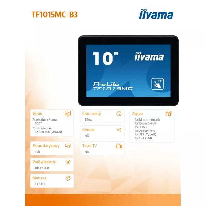 IIYAMA Monitor 10 cali TF1015MC-B3 POJ.10PKT, PIANKA, HDMI, DP