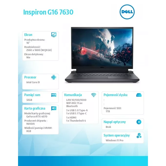 Dell Notebook Inspiron G16 7630 Win11Pro i9-13900HX/32GB/1TB SSD/16.0 QHD+/GeForce RTX 4070/Cam &amp; Mic/WLAN + BT/Backlit Kb/6 Cell/3Y Basic Onsite