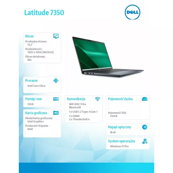 Dell Notebook Latitude 7350 Win11Pro Ultra 7 165U/32GB/512GB SSD Gen4/13.3' FHD+/Int/FgrPr&amp;SmtCd/IR Cam/Mic/WLAN+BT/Backlit Kb/3C/vPro/3YPS