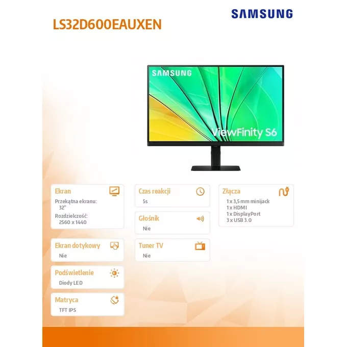 Samsung Monitor 32 cale ViewFinity S60D IPS 2560x1440 WQHD 16:9 1xHDMI 1xDP 3xUSB 3.0 5ms PinP/PbyP 100Hz HAS+PIV płaski 3YOn-Site