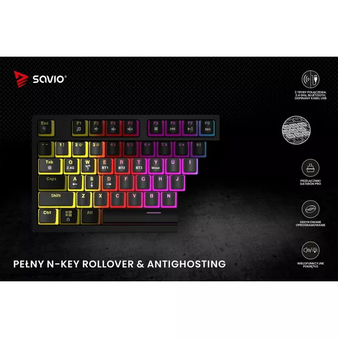 Savio Klawiatura mechaniczna bezprzewodowa PHENIX, Gateron Red Pro, Pudding