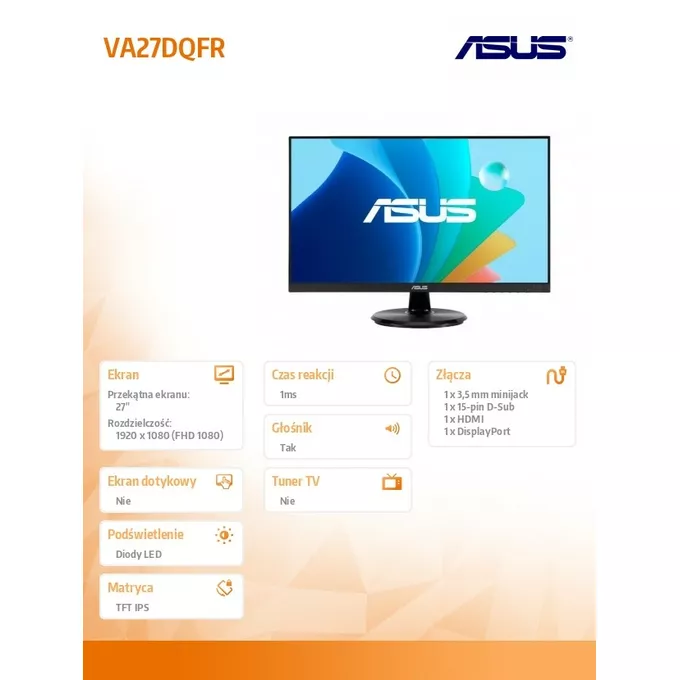 Asus Monitor 27 cali VA27DQFR IPS FHD 100Hz HDMI DP VG