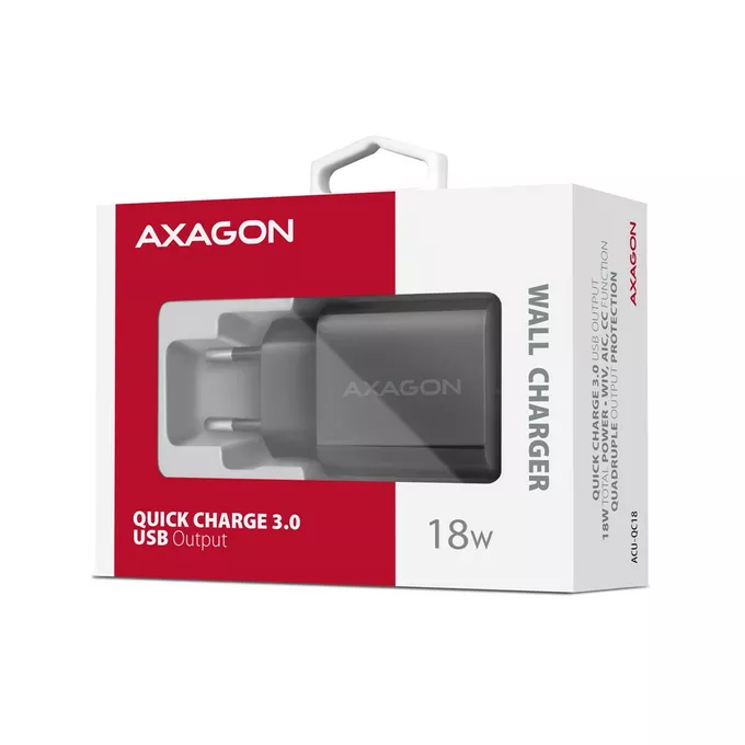 AXAGON ACU-QC18 Ładowarka sieciowa QC 18W, 1x port USB-A, QC3.0/AFC/FCP/SMART Czarna