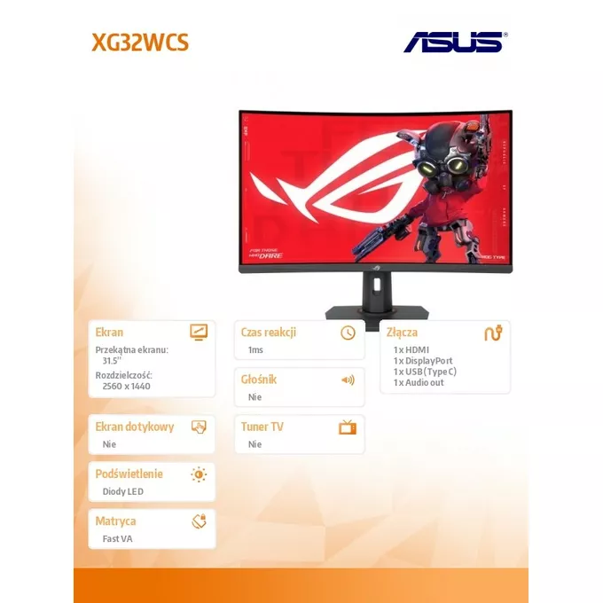 Asus Monitor 32 cale XG32WCS ROG S 180Hz DP HDMI USB-C