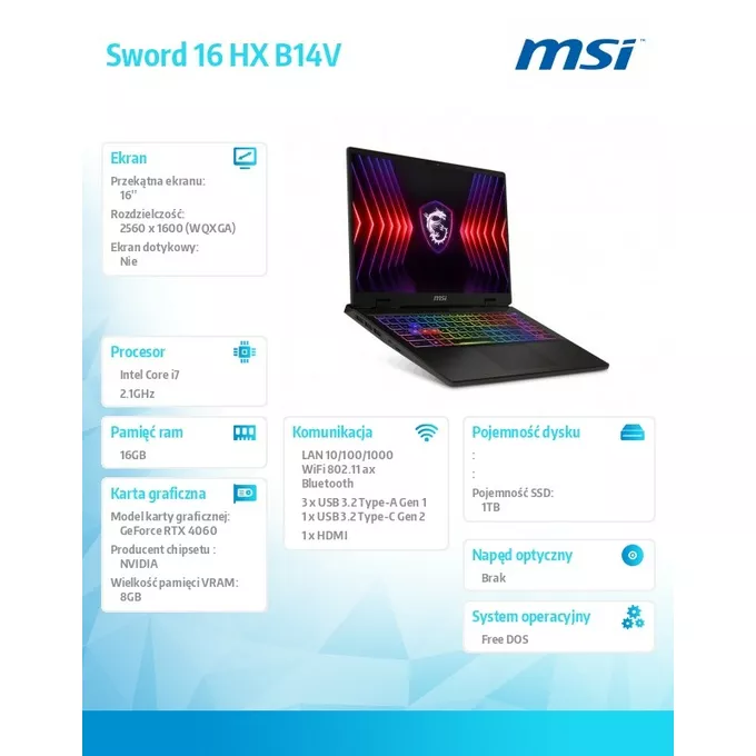 MSI Notebook Sword 16 HX B14VFKG-026XPL nOS/i7-14700HX/16GB/1TB/RTX4060/16 cali