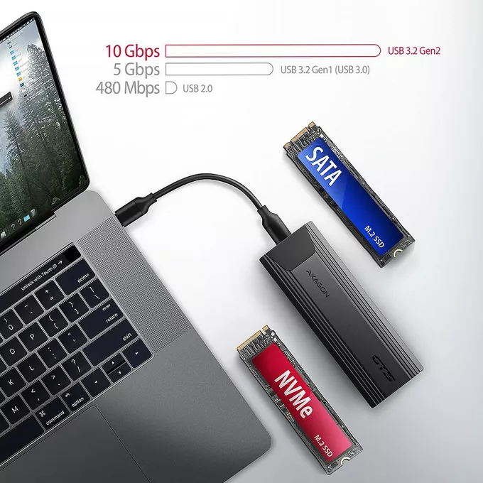 AXAGON EEM2-GTS2 Obudowa zewnętrzna aluminiowa bezśrubowa USB-C 3.2 Gen 2 M.2 NVMe &amp; SATA SSD + USB-A - USB-C redukcja