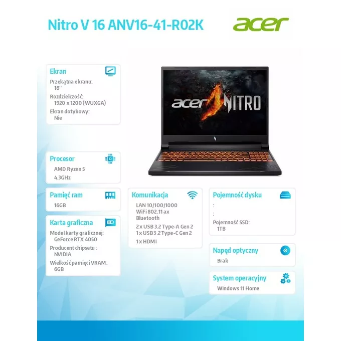 Acer Notebook Nitro V 16 ANV16-41-R02K WIN11HPML/R5-8645HS/16GB/1TB/RTX4050/16 cali