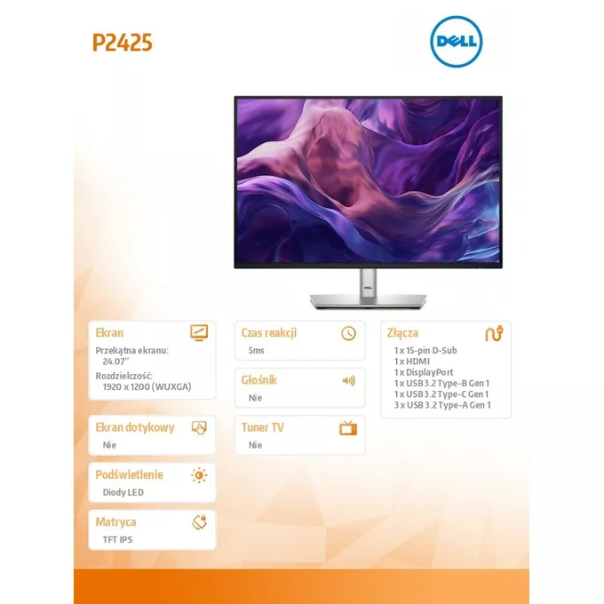 Dell Monitor 24.07 cala P2425 IPS 16:10 WUXGA/HDMI/USBC/DP/VGA/USB/5Y