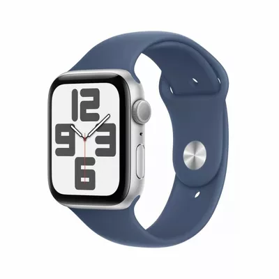 Apple Watch SE GPS, koperta 44 mm z aluminium w kolorze srebrnym z paskiem sportowym w kolorze denim - rozmiar M/L