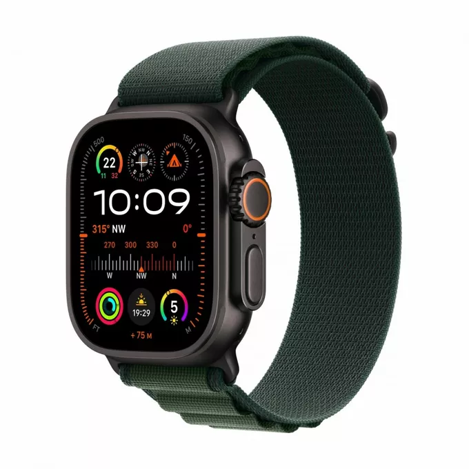 Apple Watch Ultra 2 GPS + Cellular, koperta 49 mm z tytanu w kolorze czarnym z opaską Alpine S w kolorze ciemnozielonym