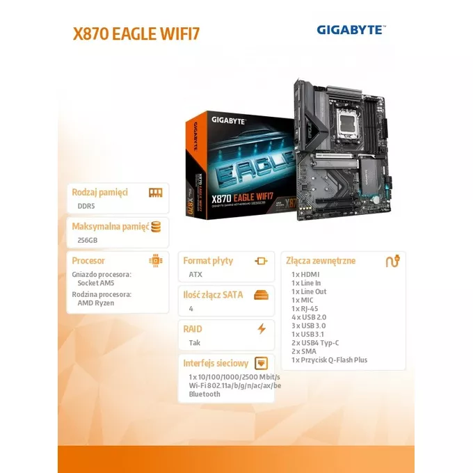 Gigabyte Płyta główna X870 EAGLE WIFI7 AM5 4DDR5 HDMI/USB-C ATX