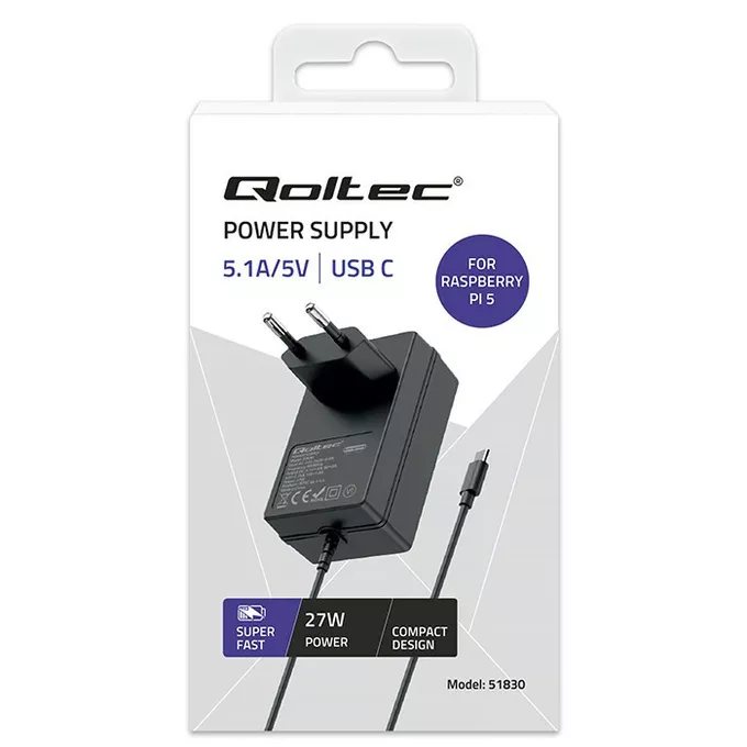 Qoltec Ładowarka Super FAST PD for Raspberry PI 5 | USB-C | 27W | 5-12V | 1.8-5A | Czarna