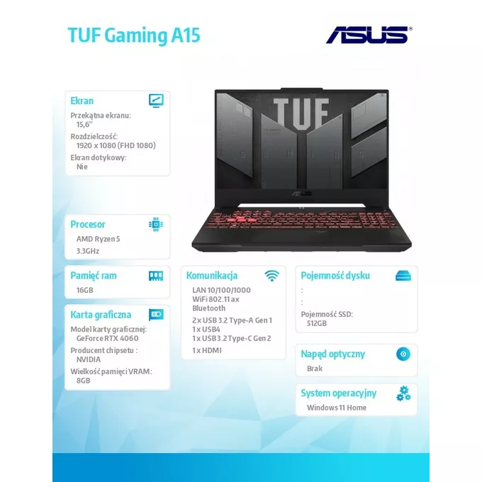 Asus Notebook TUF Gaming A15 FA507NV-LP025W W11Home R5-7535HS 16GB/512GB/GeForce RTX 4060/15.6 cali