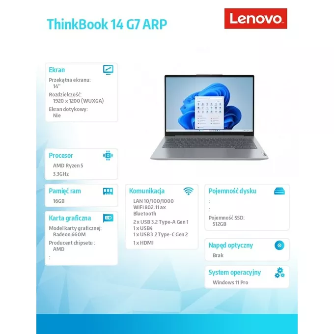 Lenovo Laptop ThinkBook 14 G7 21MV002XPB W11Pro 7535HS/16GB/512GB/AMD Radeon/14.0 WUXGA/Arctic Grey/3YR OS + CO2 Offset