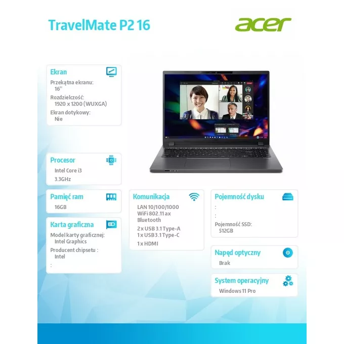 Acer Notebook TravelMate P2 16 TMP216-51-TCO Win11Pro/I3-1315U/16GB/512GB SSD/UMA/16 cali