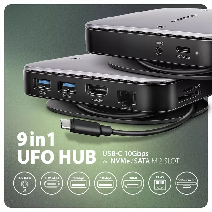 AXAGON HMC-UFO Wieloportowy hub 9in1 USB-C 3.2 Gen 2 10Gbps HDMI M.2 NVMe/SATA audio PD100W microSD LAN