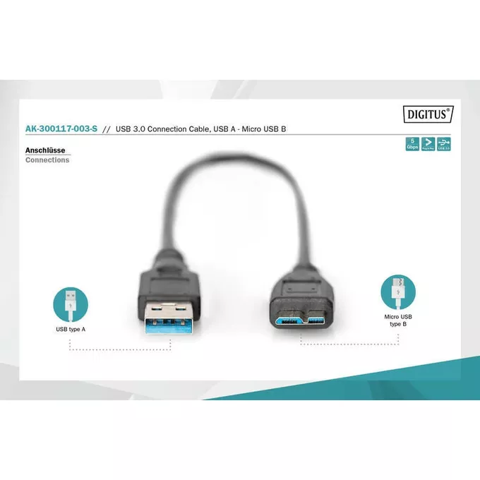 Digitus Kabel połączeniowy USB 3.1 Gen.1 SuperSpeed 5Gbps Typ USB A/microUSB B M/M czarny 0,25m