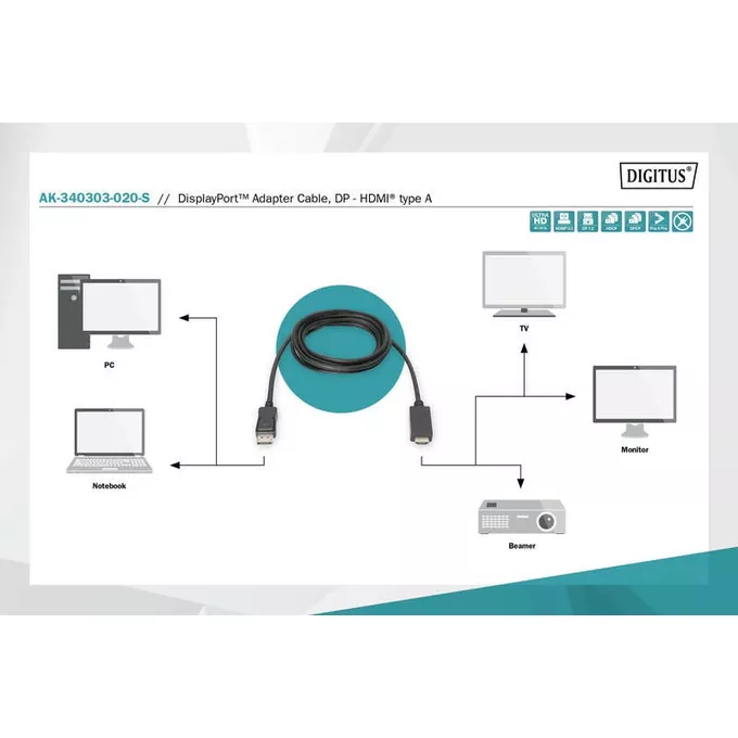 Digitus Kabel adapter DisplayPort 1.2 z zatrzaskiem 4K 60Hz UHD Typ DP/HDMI A M/M czarny 2m