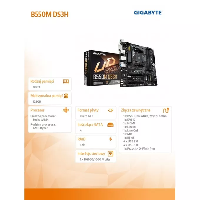 Gigabyte Płyta główna B550M DS3H AM4 4DDR4 HDMI/DVI M.2 USB3.2 mATX