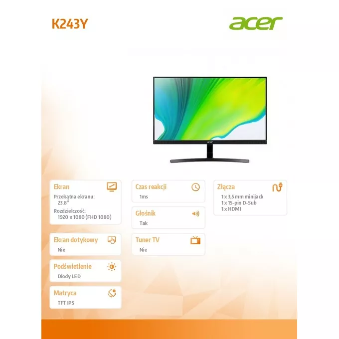 Acer Monitor 23.8 cali K243Ybmix IPS 1MS/100Hz/AMD FreeS/HDMI/VGA/GŁOŚNIK